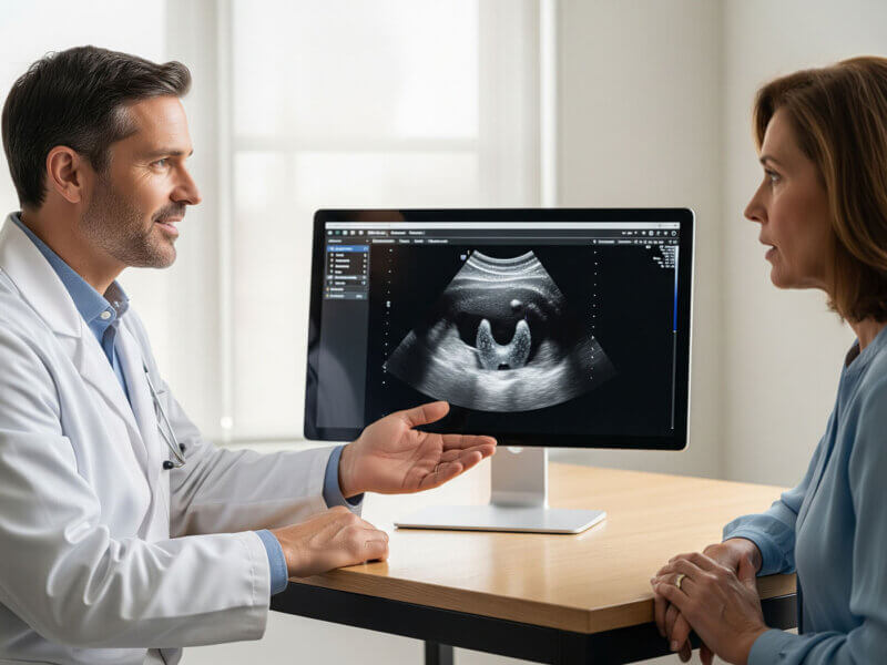 Endokrinolog pacientce vysvětluje výsledky ultrazvuku uzlíků na štítné žláze.