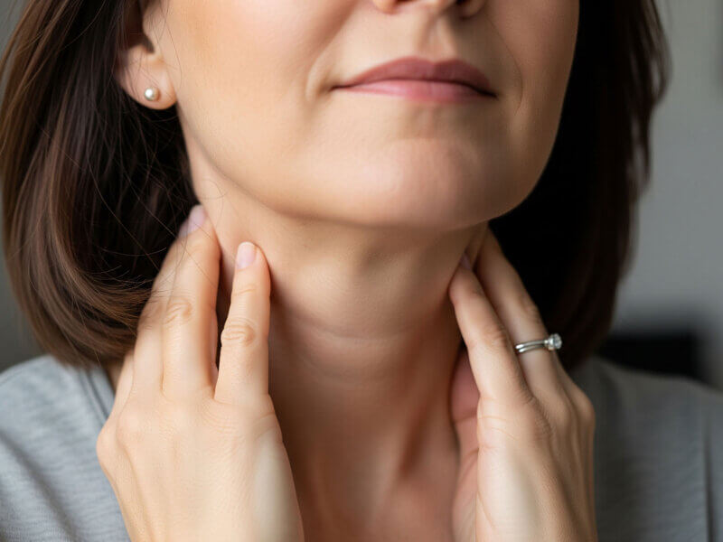 Detail krku ženy se zduřením v oblasti štítné žlázy, které může ukazovat na uzlík nebo cystu.