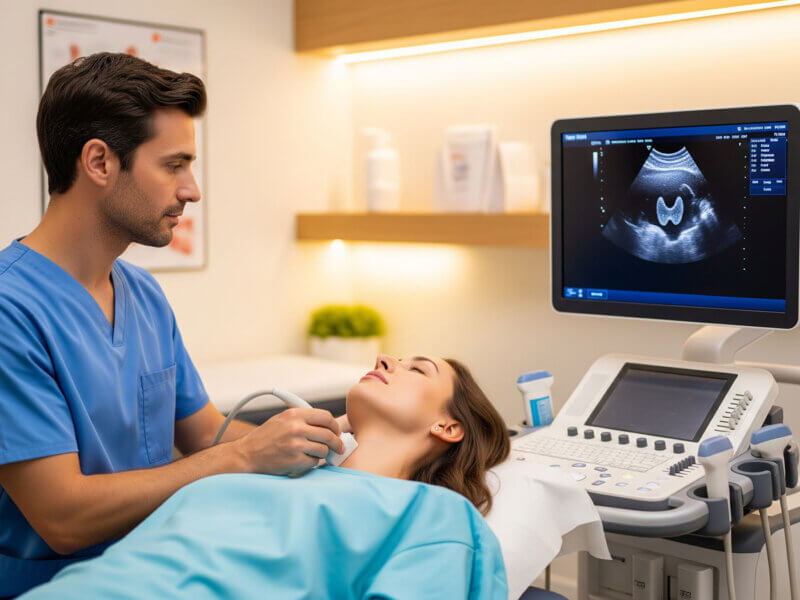Lékař provádí ultrazvuk štítné žlázy k vyšetření uzlíků a cyst na krku.