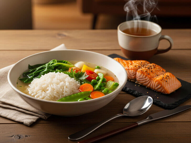 Teplé lehké jídlo a bylinkový čaj jako součást podpůrné stravy při uzlících štítné žlázy.