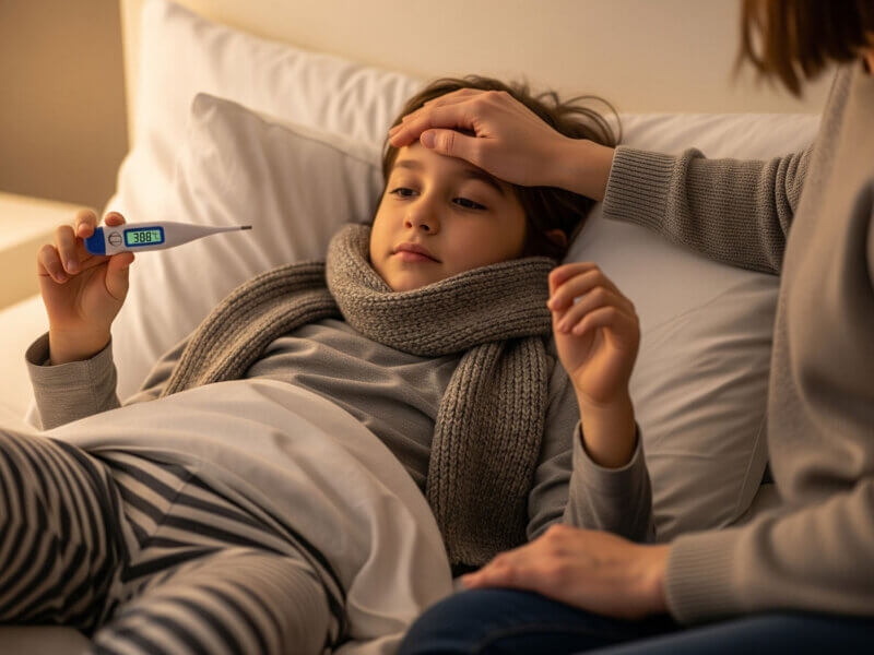Dítě s angínou v posteli, šála na krku a horečka na teploměru.