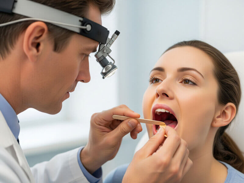 ORL vyšetření krku: angína, zarudlé mandle a bílé čepy – diagnostika bolesti v krku.