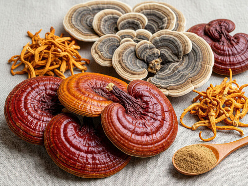 Medicinální houby pro imunitu při angíně: reishi, coriolus a cordyceps.
