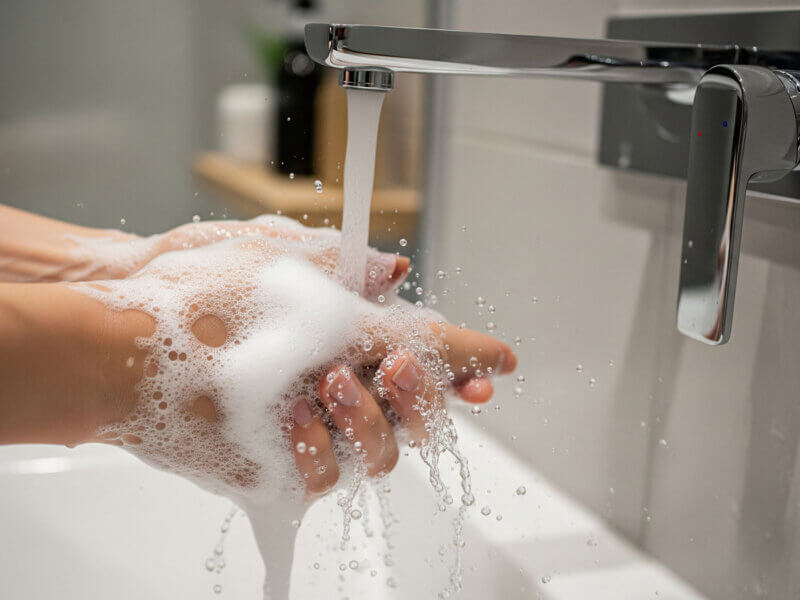 Důkladné mytí rukou mýdlem – prevence šíření angíny a respiračních infekcí.