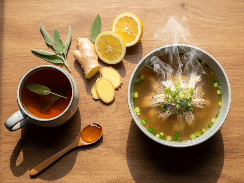 Teplý kuřecí vývar a šalvějový čaj – strava a režim při angíně.