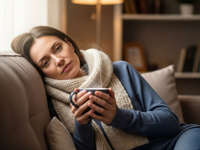 Teplý obklad na krk a hrnek čaje – domácí péče a úleva při angíně.